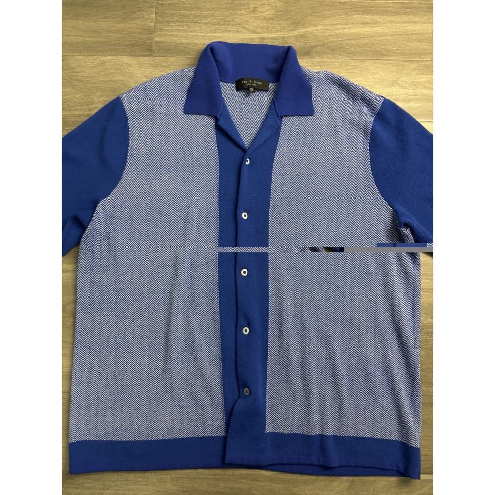 Rag & Bone Shirt Mens Blue Herringbone Short Sleeve Snap Button Up Knit Size 2xl